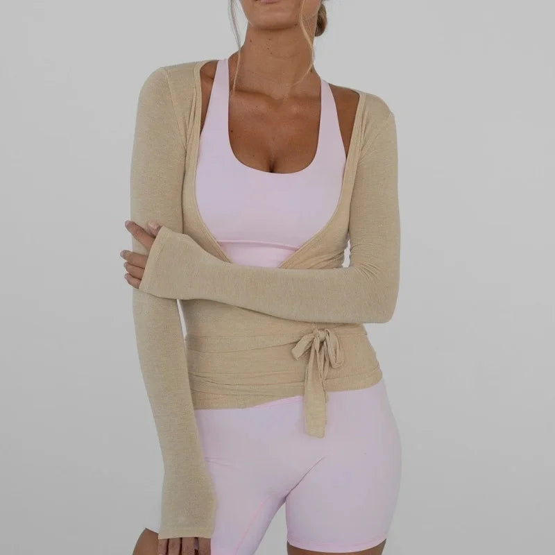 Women's Yoga Shirts Wrap Ruched Tie Front Long Sleeve Workout T Shirts Sexy Deep V Neck Slim Fit Casual Cropped Top