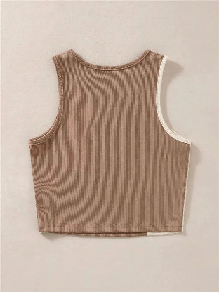 High Street Style Patchwork Rib Knit Sleeveless Crop Top Women Summer Y2K Clothes Korean Fashion Tank Top Tee Streetwear 2023