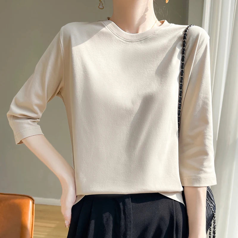 Spring And Summer New White Mercerized Cotton Short Sleeve T-Shirt Feminine Joker Cotton Cropped Sleeve Bottoming Shirt
