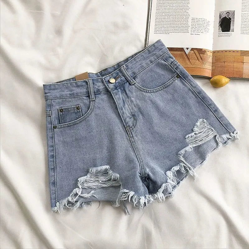 Y2K Vintage Tassel Denim Shorts Fashion Women High Waist Ripped Pocket Korean Jeans Casual Streetwear Blue Solid Hot Trousers