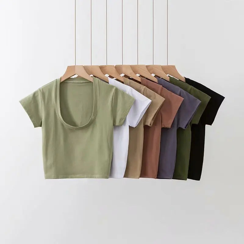 U-Neck Crop Top Solid Color Women Casual High Waist T Shirt Basic Sexy Streetwear Short Sleeve Slimming Tops