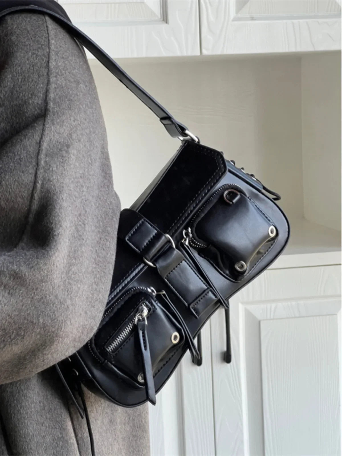Y2K Korean Women Harajuku Vintage Gothic Black Hand Bag Aesthetic Elegant Punk Wallet Purse Handbags Shoulder Trend Tote Bags