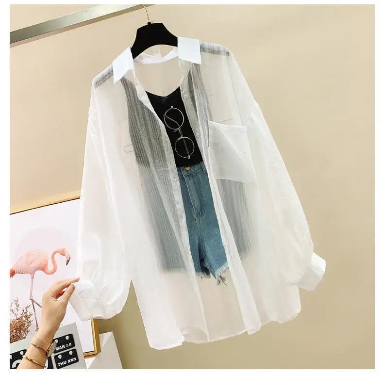 Summer sunscreen chiffon blouse Korean Harajuku style loose casual women's cardigan elegantly perforated top sheer fashionable