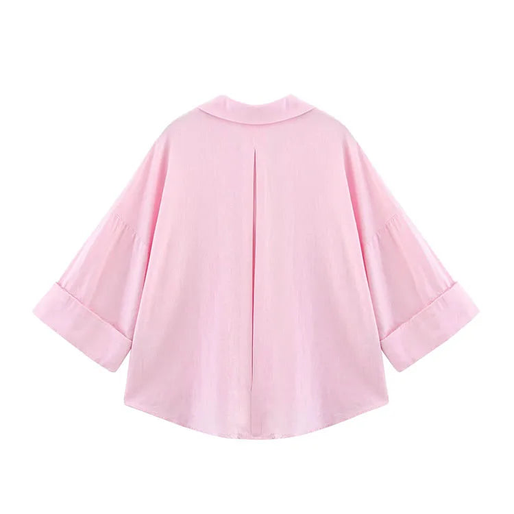 HipSeam Wide Sleeved Shirt Women Spring Asymmetric Hem Button Women's Shirts Simple Lady Johnny Collar Linen Shirts & Blouses