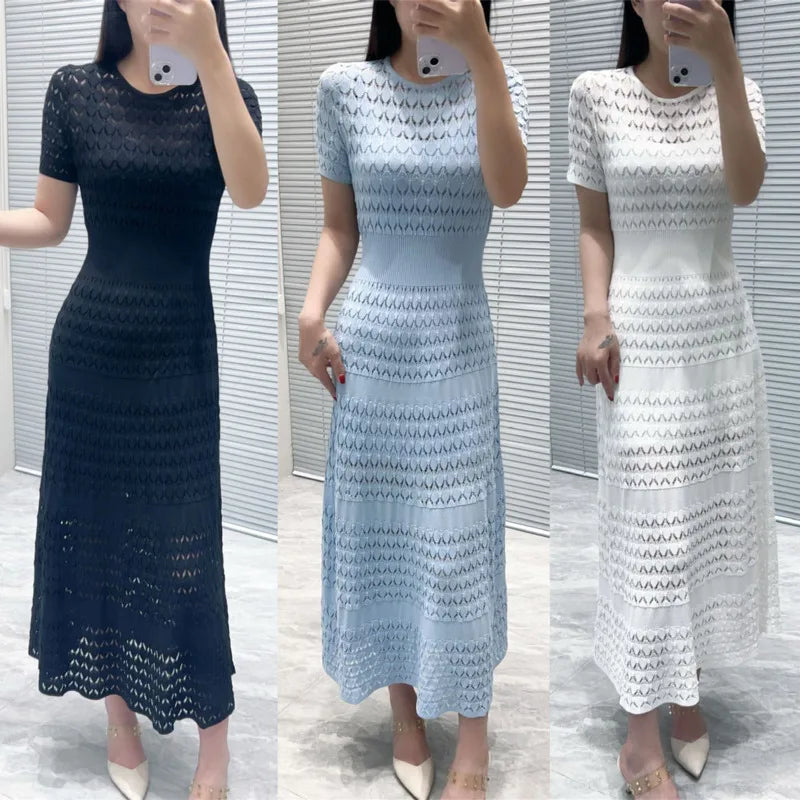 CHUJIE Women's 2025 Summer Lace Trim Dress Set - Round Neck Short Sleeve Midi Dress + Slip Dress 2 Piece Set (Rayon Nylon Blend)