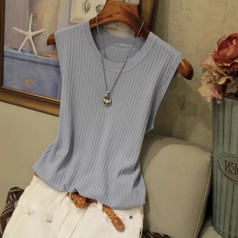 Korea Knitted Vests Women Top Summer Sleeveless Blouse Women O-neck Knitted Blouse Shirt Clothes Women Tops