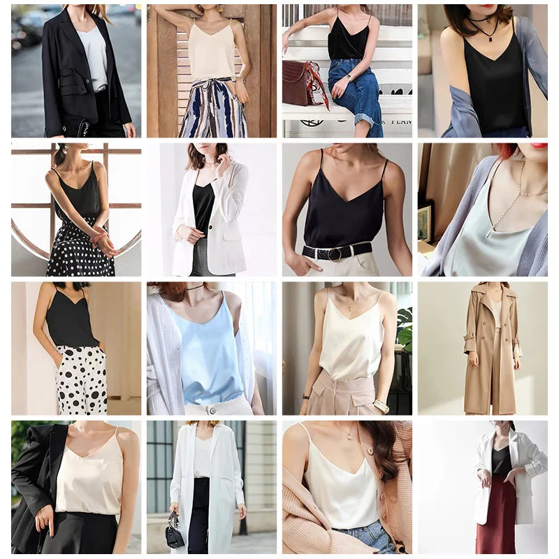 AOSSVIAO 2025 Spaghetti Strap Top Women Halter V Neck Basic White Cami Sleeveless Satin Silk Tank Tops Women'S Summer Camisole