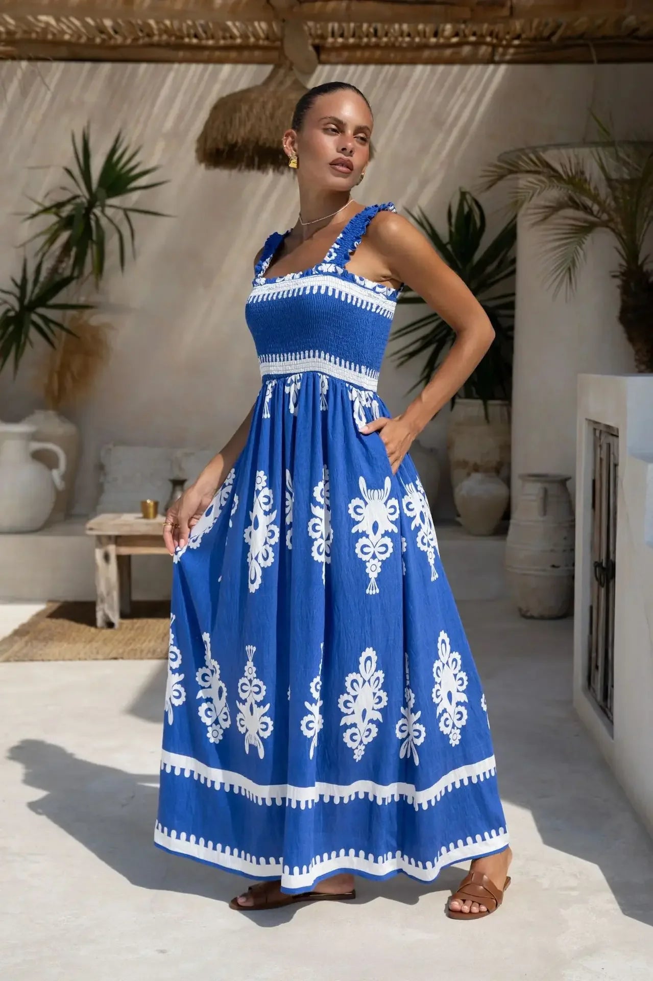 2025 Summer Fashion New Women's Bohemian Style Dress Beach Vacation Printed Strap Fold A-line Length Dress