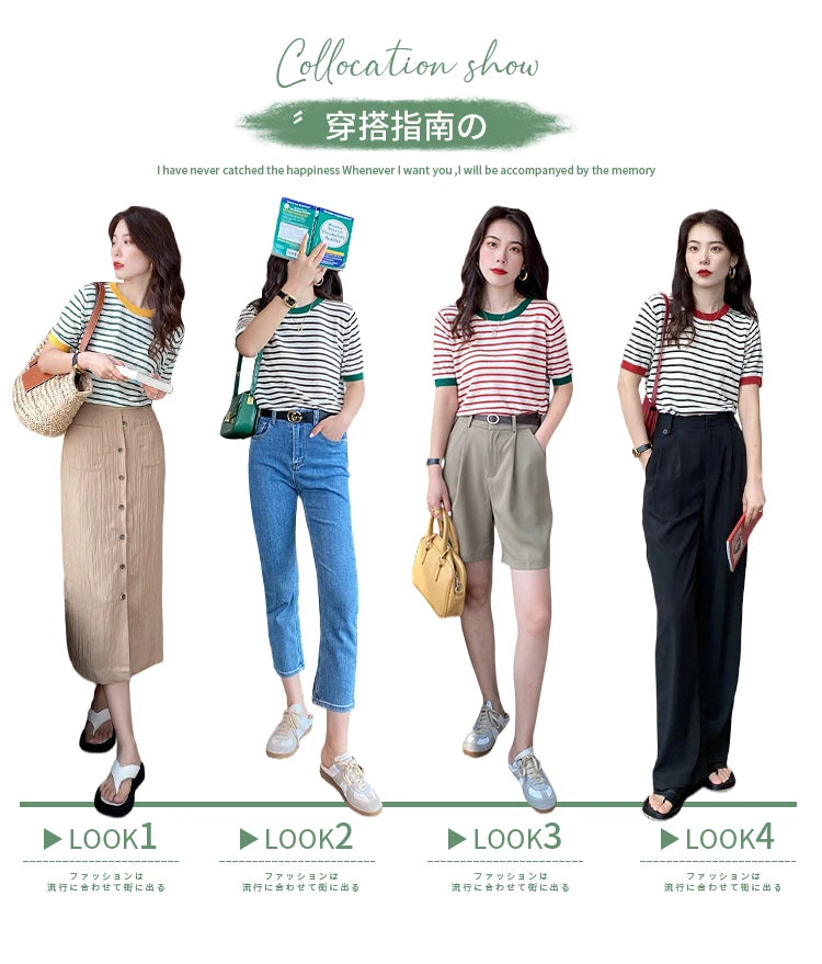 2025 Stripe Tops Women Knitted Round Collar Summer Print Short Sleeve Casual Simple Wild T-Shirt