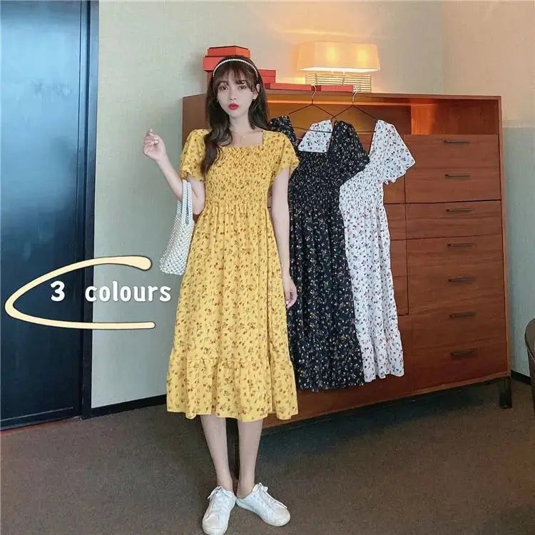 2025 New Spring Summer Dress Women Mini Dresses Female Short Sleeve Elastic Bust Printed Floral Pleated Backless Casual Dress