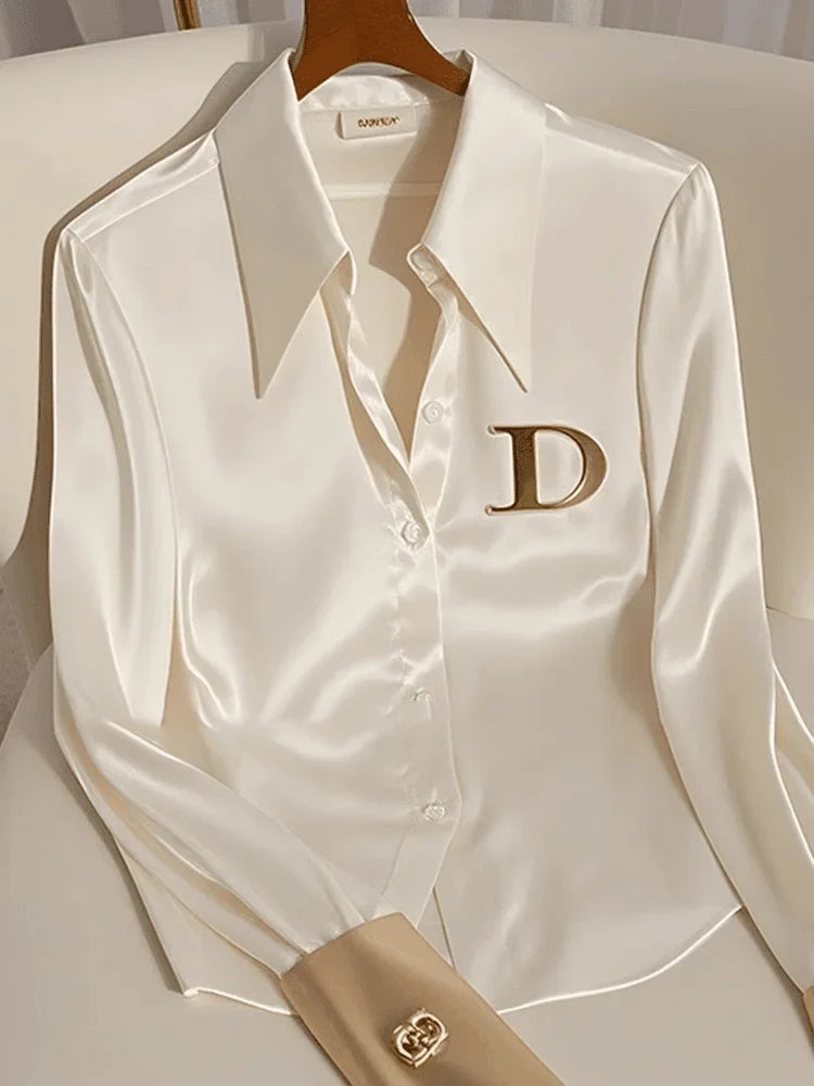 Elegant French Women's Pink/White Satin Shirt Turn-down Collar Long Sleeve Blouse Spring Autumn for Women Casual Office Lady New