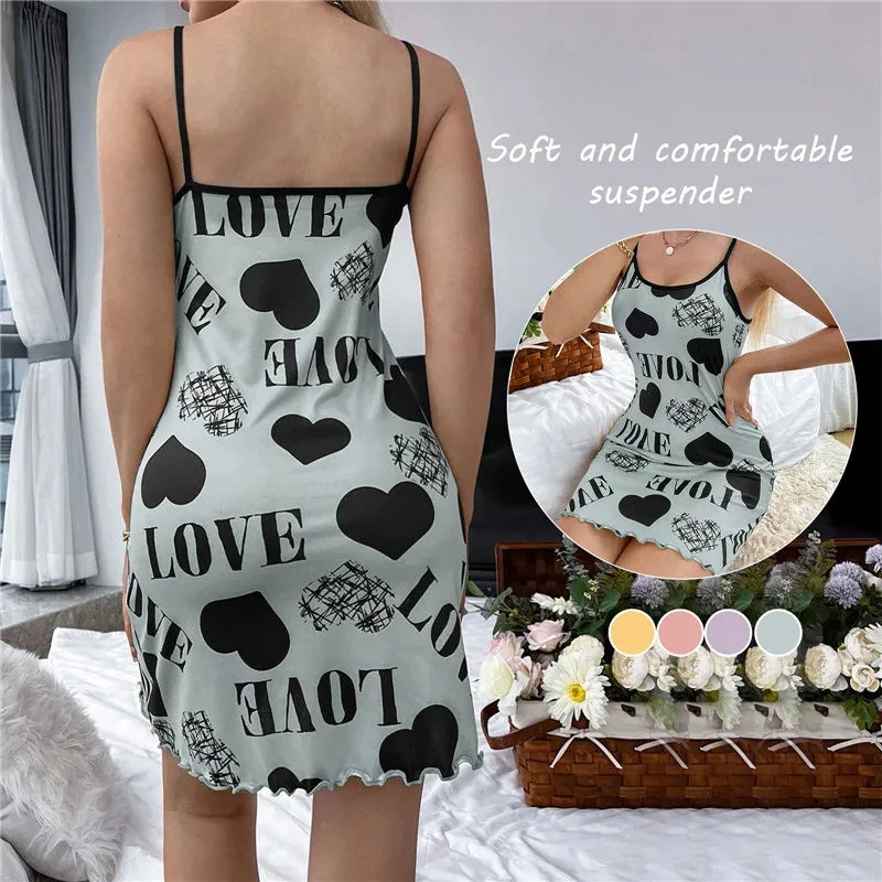 Summer New Women's Nightgown Beauty Back Thin Section Of Home Wear Sexy Halter Short Skirt Love Cartoon Cute Printing Pajamas