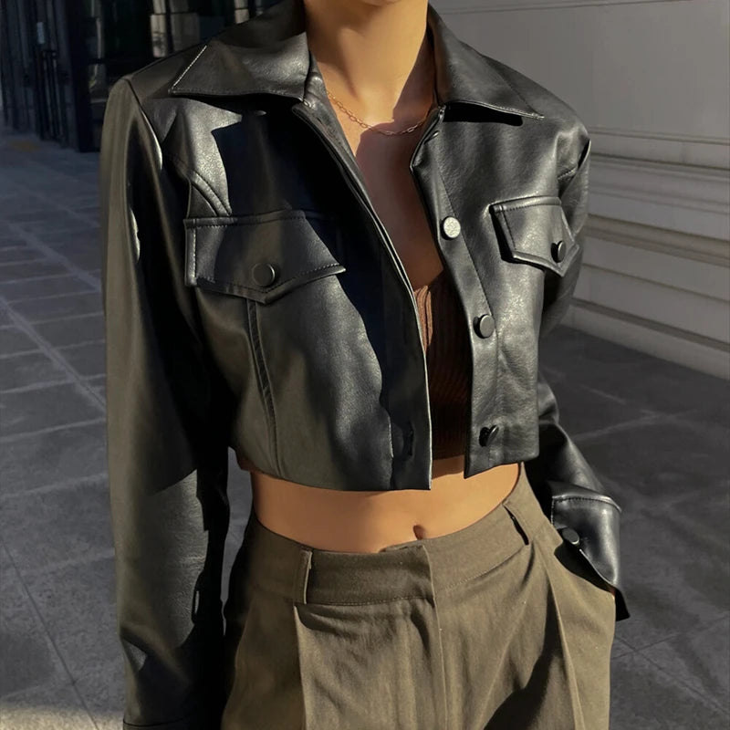 Xeemilo Autumn Faux Leather Short Jacket Y2K Turn-down Collar Fashion Botton Decoration PU Coat 2022 Grunge Street Casual Coats