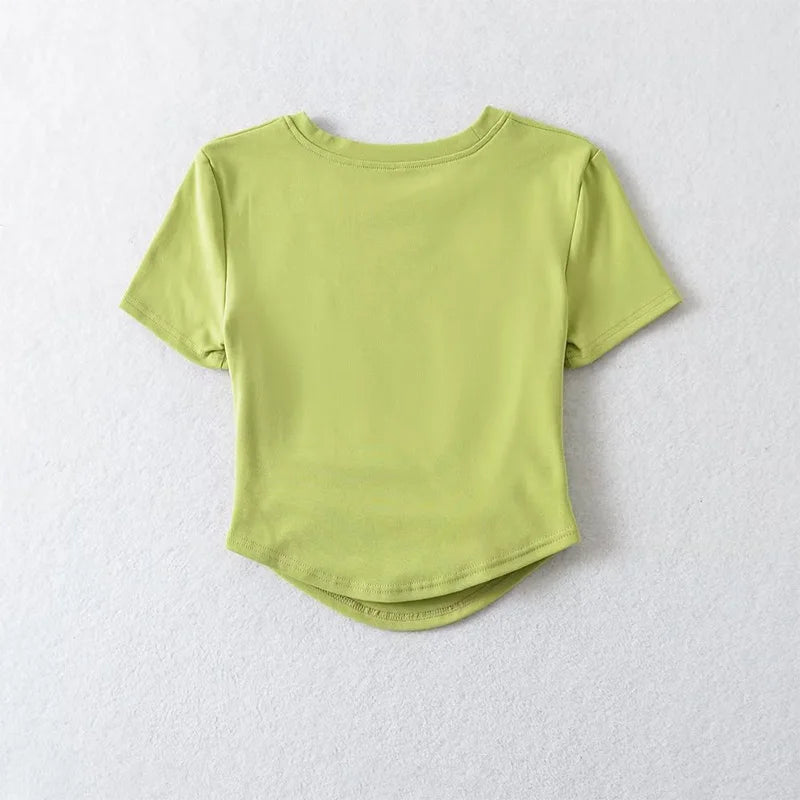 2024 Harajuku Women Crew Neck Short Sleeve Cotton Tee With Ruched Sides Detail T-shirts