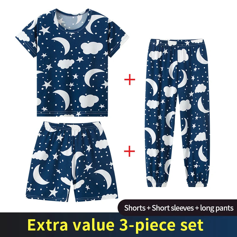 3 Piece Children's Summer Short-sleeved Pants And Shorts Three-piece Boy And Girl Comfortable Thin Air-conditioned Pajamas Set