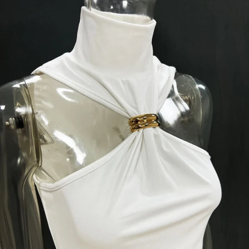 Trendix Fashion Metal Ring Tank Top Women 2025 Summer Y2k Solid Sleeveless Patchwork Tops Ladies Vacation Slim Party Elegant Top