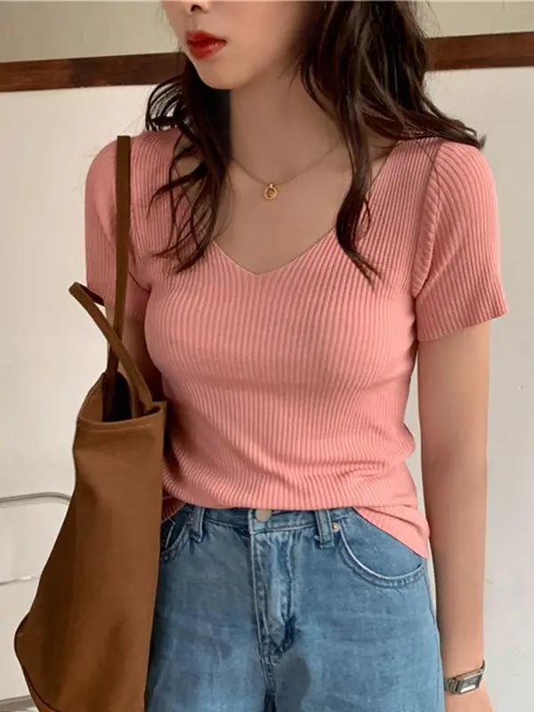 AOSSVIAO 2025 Basic V-neck Solid Thin Summer Pullover Women Female Knitted Ribbed Sweater Slim Short Sleeve Bodycon Sweater