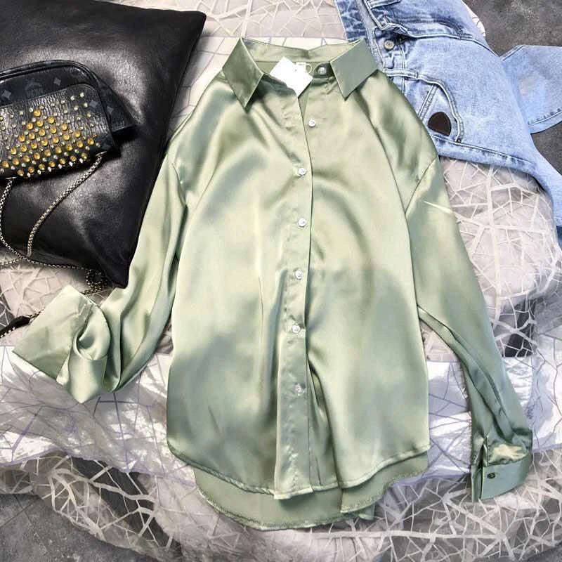 Autumn Casual Women's Satin Shirt All-Match Basic Solid Color Office Lady's Top Trendy Multicolor Shirts And Blouses Chic Top