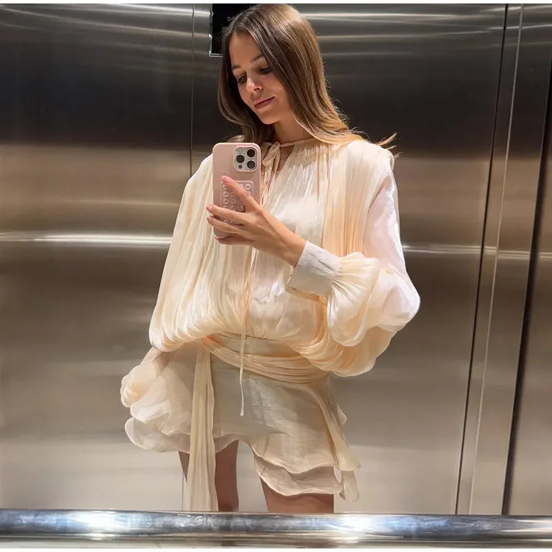 Elegant Ruffles Shiny Mini Dresses Fashion Solid Long Sleeve Lace Up V Neck Pleated Dress New Summer Party Women's Vestidos 2025
