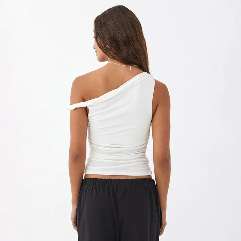 Simple Basic Casual Summer Tank Top Sleeveless Solid Color Off Shoulder Side Ruched Crop Tops Vestidos Spring Women T S