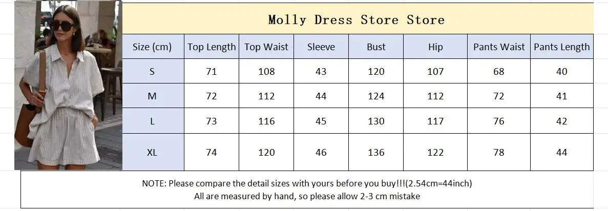 Women Elegant Stripes Cotton Linen Loose Shirt Shorts Suits Fashion Lapel Half Sleeves Elastic Waisted Shorts Summer Lady Outfit
