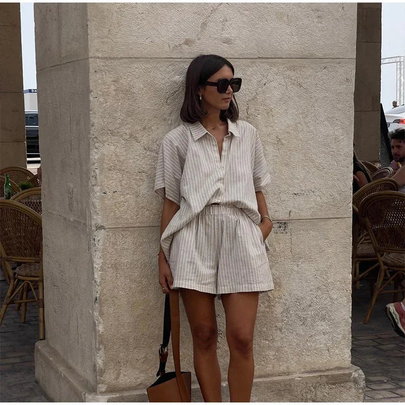 Women Fashion Stripe Print Lace-up Shorts Set Oversized Lapel Short Sleeve Single Breasted Shirts Suit Lady Casual Street Outfit