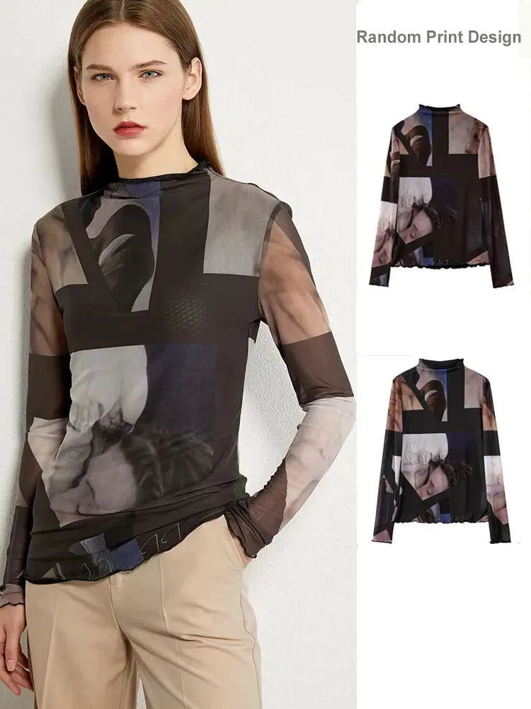 AMII Minimalism Long sleeve T-shirts for Women 2025 Spring New Bottoming Shirt Mesh Printing Inside Slim Trendy Tops 12421003