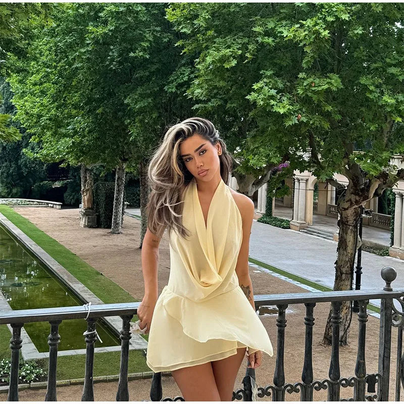 Fashion Solid Women 2 Piece Set Casual Flare Sleeve Lotus Leaf Edge Lace Up Mesh Sheer Shorts Suit 2025 New Lady Commute Outfit
