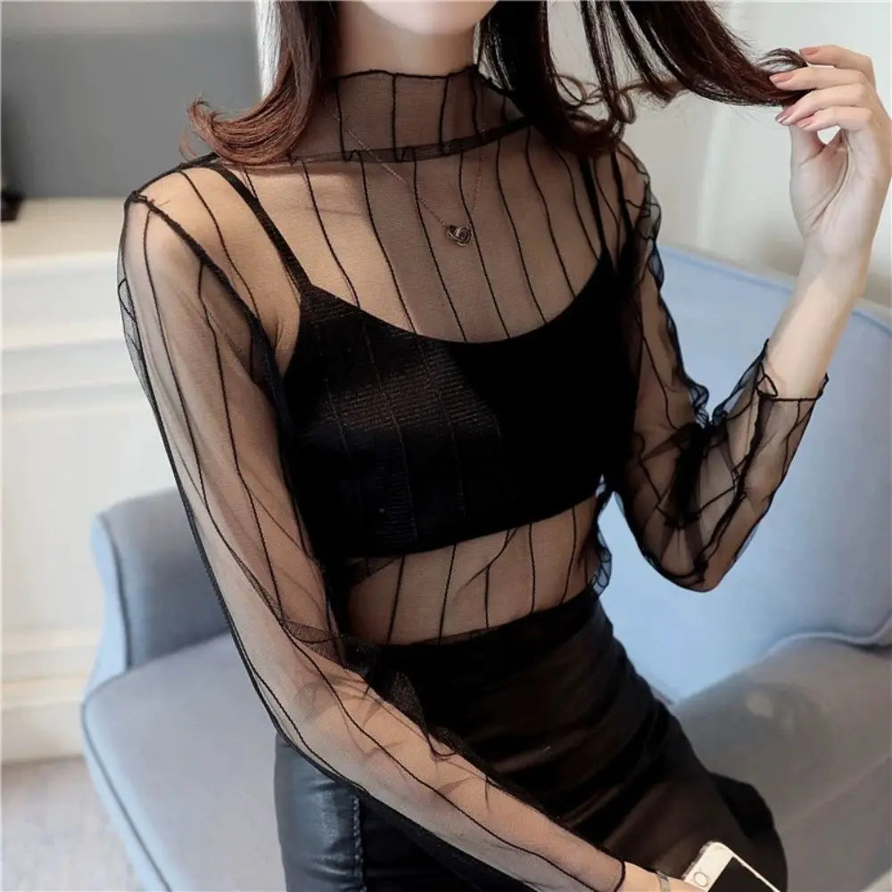 Sexy Women Mesh T-Shirts See-Through Perspective Tshirt Sunscreen Tops Long Sleeve Bottoming Shirts Club Party Black Tee Shirts