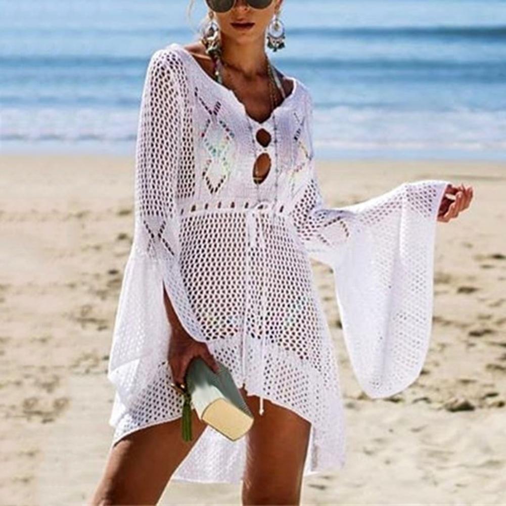 Sexy Women’s Bathing Suit Beach Cover Up Hollow Out Knitted Women Flared Sleeves Solid Color Beach Dress saida de praia