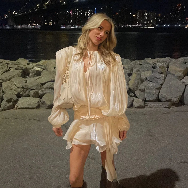 Elegant Ruffles Shiny Mini Dresses Fashion Solid Long Sleeve Lace Up V Neck Pleated Dress New Summer Party Women's Vestidos 2025