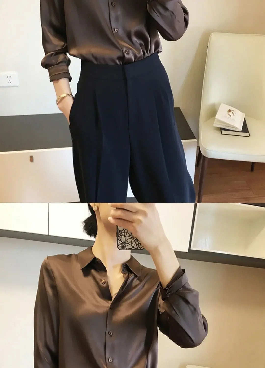 Silk Brown Clothes Wear To Work Office Outfits Long Sleeve Purple Spring Formal Tops for Women Satin Womens Shirt & Blouse Cool