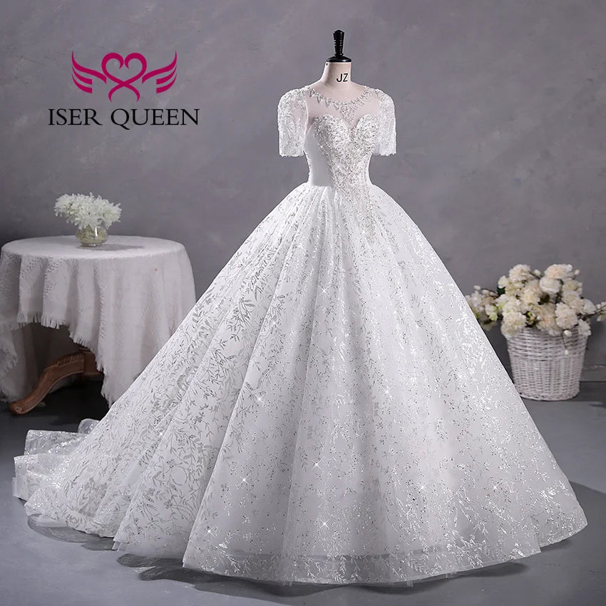 Customized Short Sleeves Sequin Tulle Wedding Dress For Woman 2025 Europe Fashion Wedding Party Dress Lace Appliques WX0397