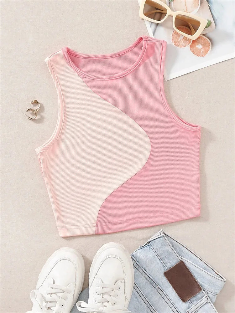 High Street Style Patchwork Rib Knit Sleeveless Crop Top Women Summer Y2K Clothes Korean Fashion Tank Top Tee Streetwear 2023