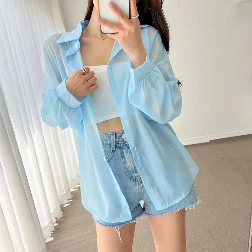 8 Colors Shirts Women Sheer Thin Chic Summer Simple Solid Sun-proof Temper Fashion Baggy All-match Basic Korean Style Clothes
