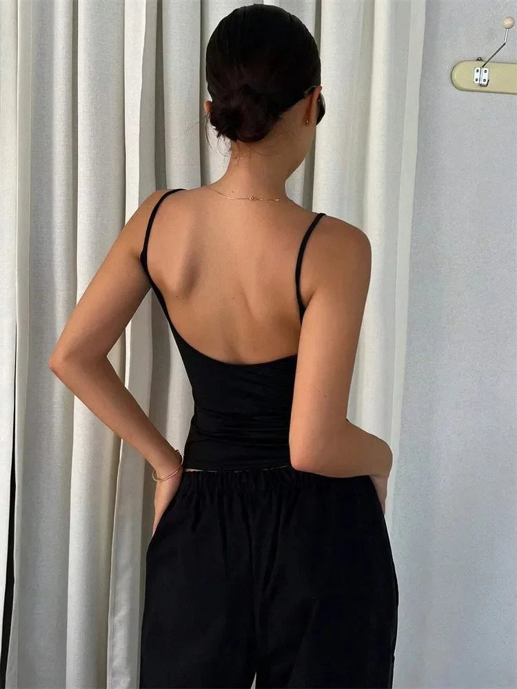 Women Backless Cami Crop Top Summer Solid Color Casual Sleeveless Top Streetwear Y2K Clothes