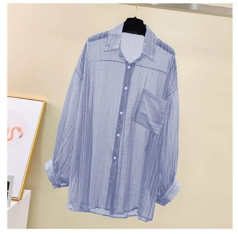 Summer sunscreen chiffon blouse Korean Harajuku style loose casual women's cardigan elegantly perforated top sheer fashionable