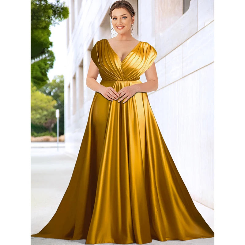 Women's Plus Size V Neck Short Sleeve Evening Party Dress Temperament Solid Colour Long Cocktail Satin High Waist Summer Dresse