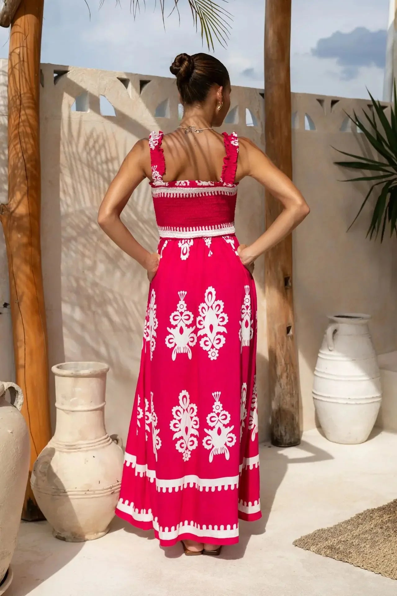 2025 Summer Fashion New Women's Bohemian Style Dress Beach Vacation Printed Strap Fold A-line Length Dress