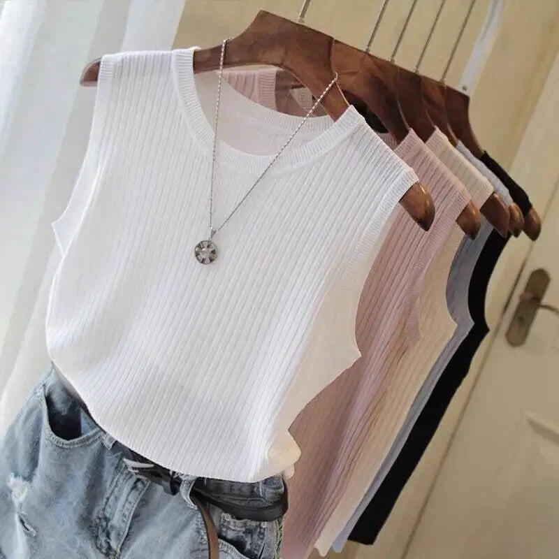 Korea Knitted Vests Women Top Summer Sleeveless Blouse Women O-neck Knitted Blouse Shirt Clothes Women Tops