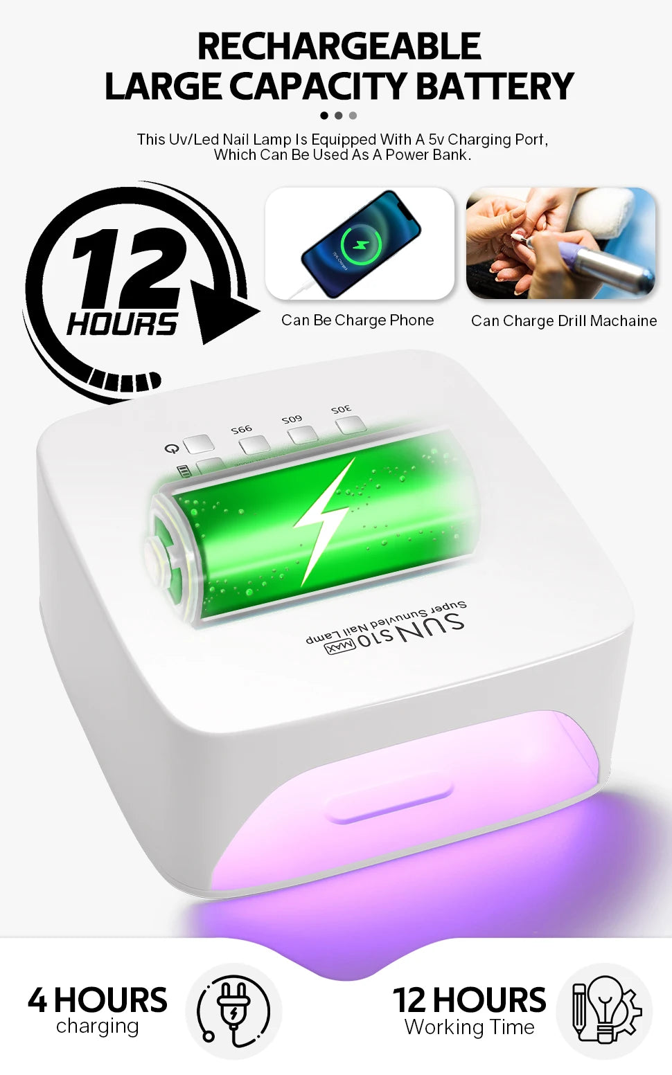 120W UV LED Nail Lamp Professional 30 LEDs Nail Dryer with 3 Timer Settings Rechargeable Manicure Lamp for Curing All Nails Gel