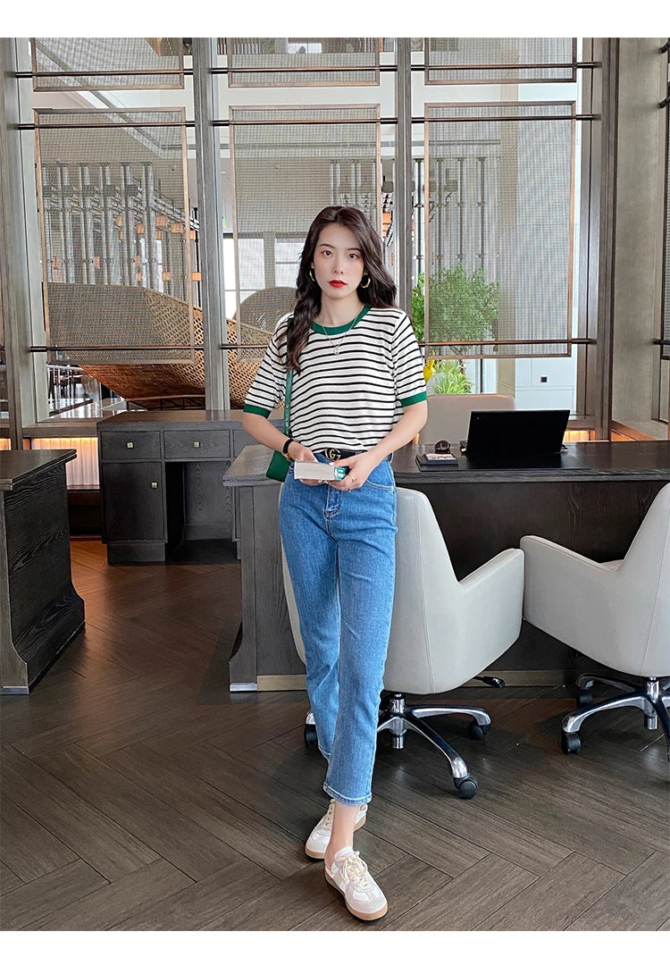 2025 Stripe Tops Women Knitted Round Collar Summer Print Short Sleeve Casual Simple Wild T-Shirt
