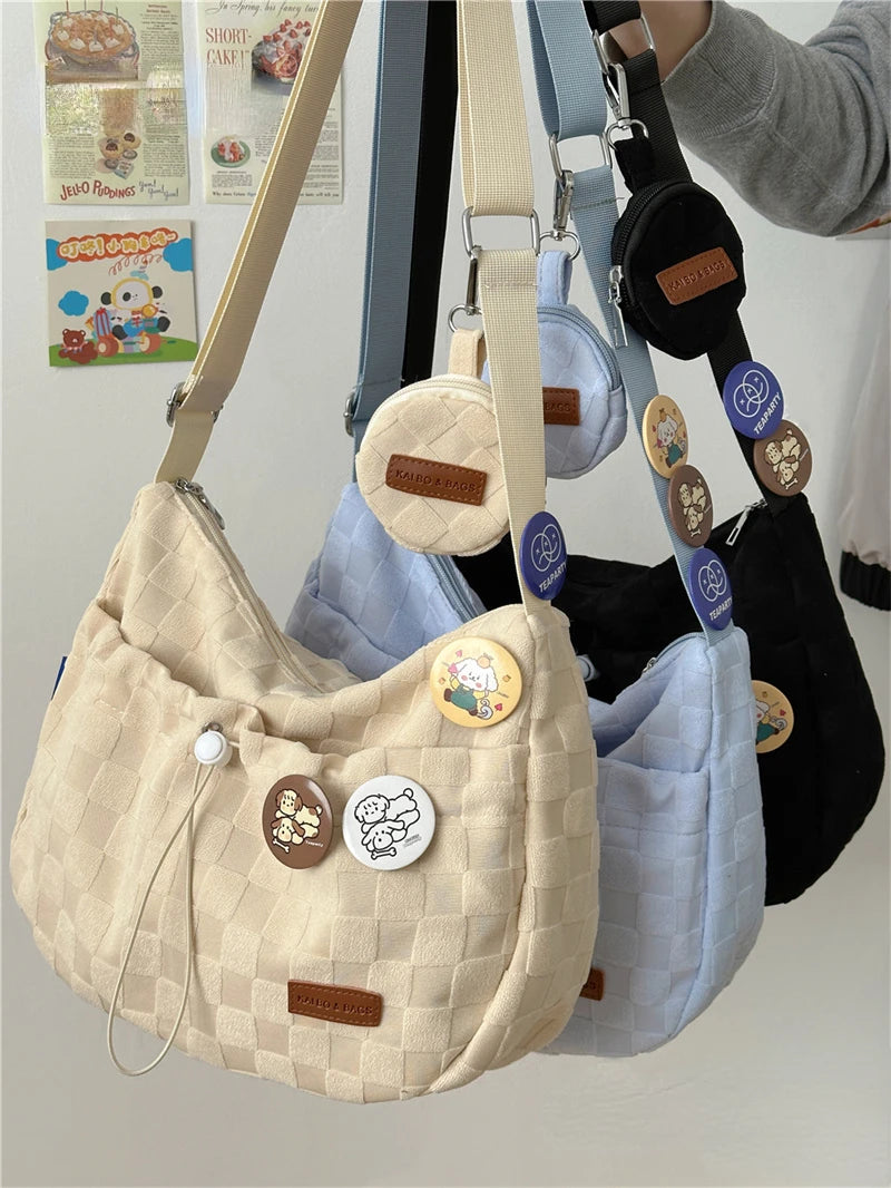 Xiuya Harajuku Style College Crossbody Bag Solid Color Plaid Print Large Capacity Shoulder Bag New Cute Fashion Designer Handbag