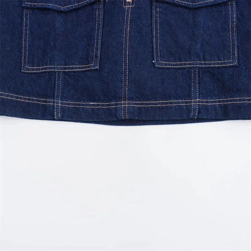 TRAF Blue Denim Shirt Woman Short Sleeve Cropped Shirt Women Summer Short Tops Woman Streetwear Y2k Stylish Women's Blouse