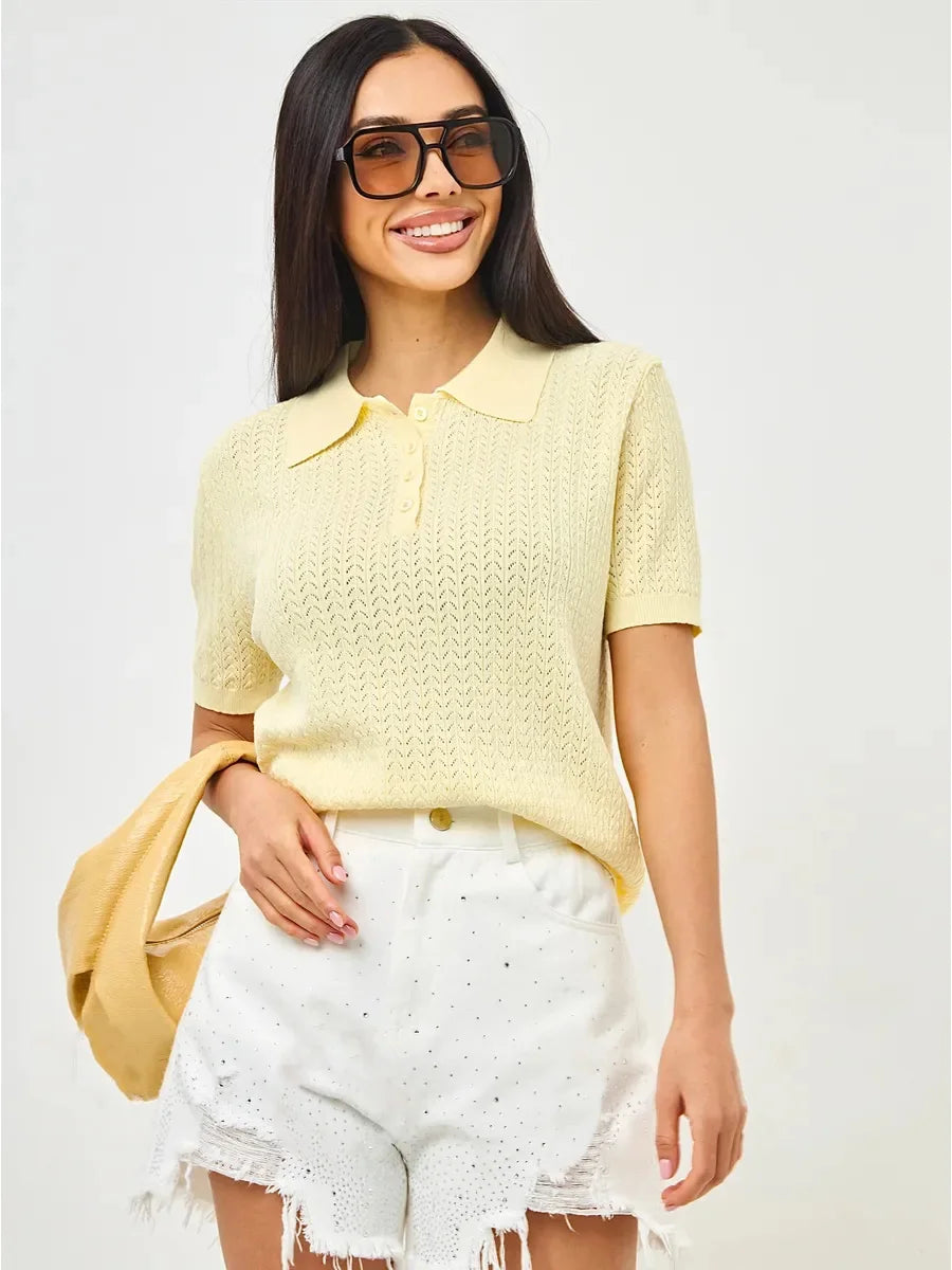 Tornova Short Sleeve Knitted T shirt Woman Summer Casual Loose Lapel Solid Ins Hot Tops Pullover Female Sweater T shirt Outwear