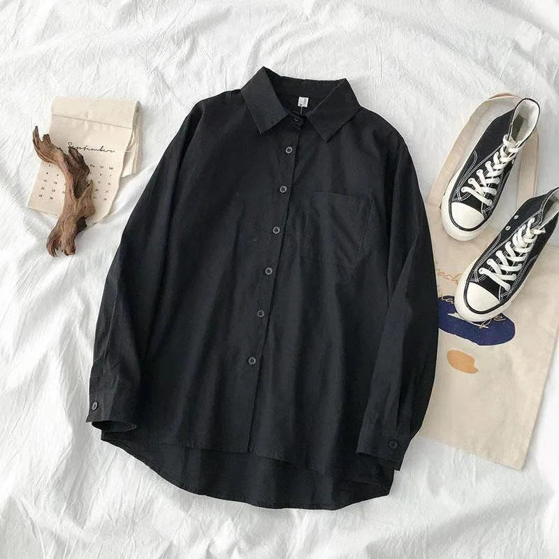 Black White Casual Shirt Women JK Preppy Style Long Sleeve School Shirts Girl Harajuku Loose Turn Down Collar Button Up Blouses