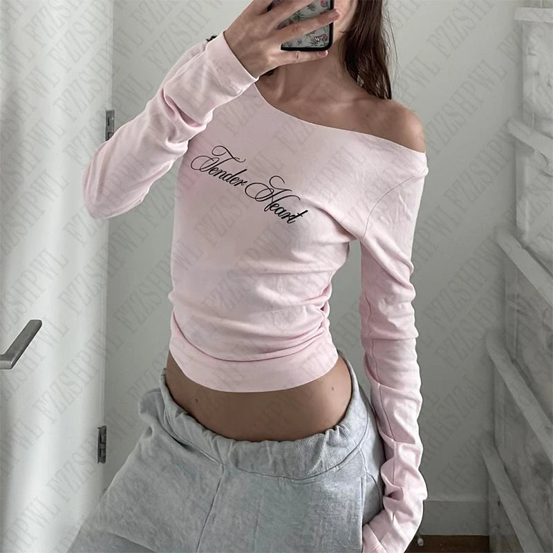 Y2K Emo Girl Gothic Letters Printed Casual Long Sleeve T-Shirt Harajuku Retro Punk Rock Hip Hop Aesthetic Top Women's Streetwear