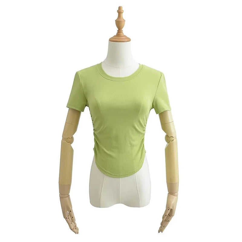 2024 Harajuku Women Crew Neck Short Sleeve Cotton Tee With Ruched Sides Detail T-shirts