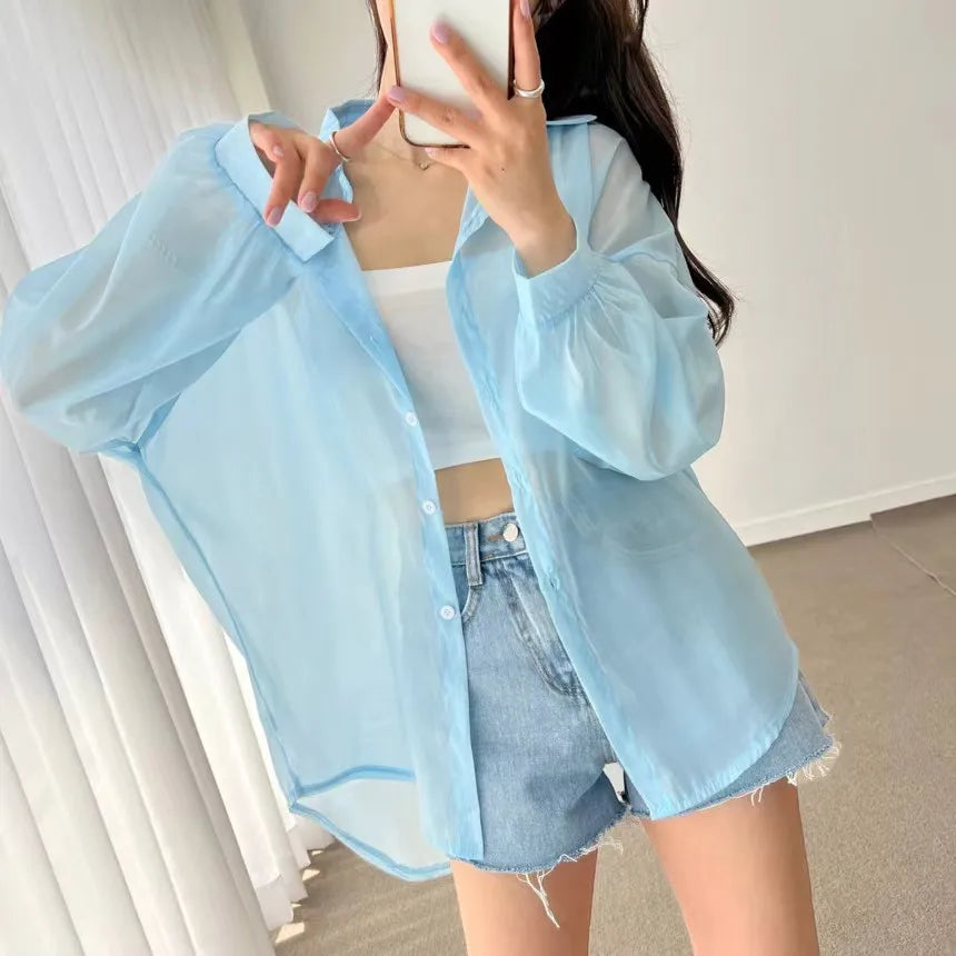 8 Colors Shirts Women Sheer Thin Chic Summer Simple Solid Sun-proof Temper Fashion Baggy All-match Basic Korean Style Clothes
