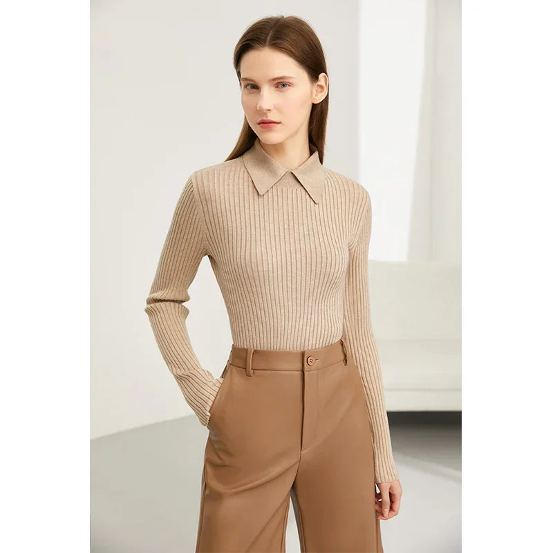 Amii Minimalism 2024 Sweater for Women Autumn New Office Lady Basic Lapel Striped Slim Knitted Tops Solid Trendy Blouse 12444058